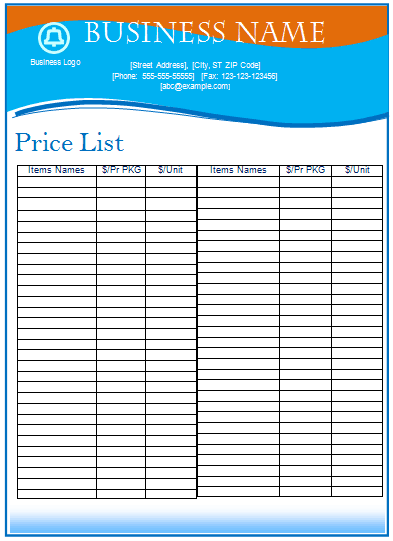 price list template 12