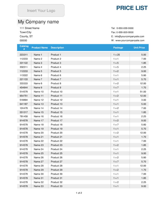 price list template 14