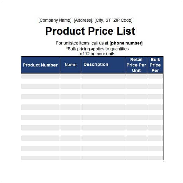 price list template 19