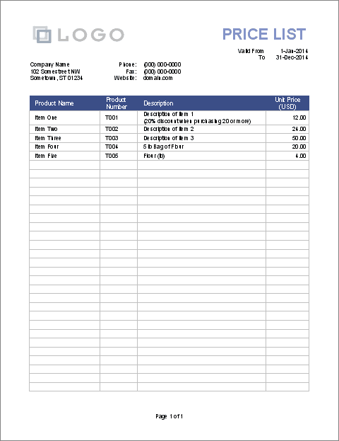 price list template 9