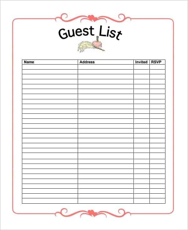 Printable Party Guest List Template - Printable Templates