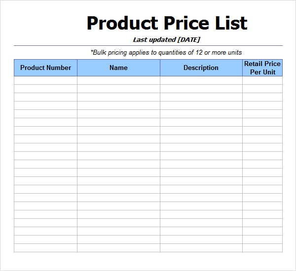 price list template 13