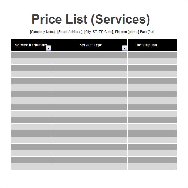 price list template 2