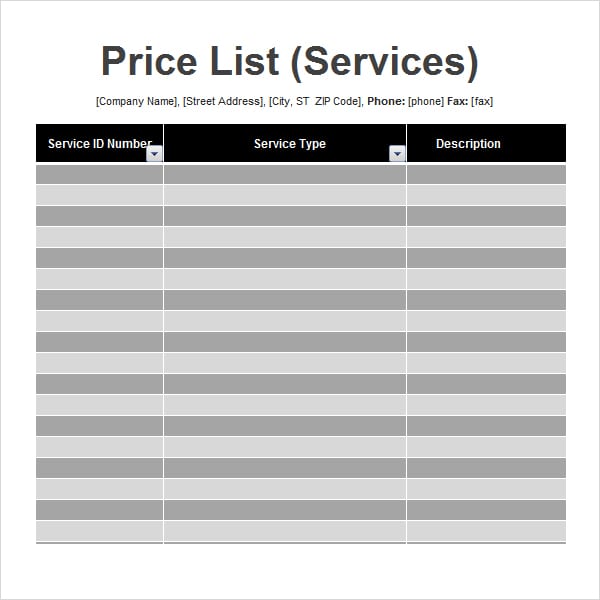 Price List Templates 14 Free Printable PDF Excel Word Formats