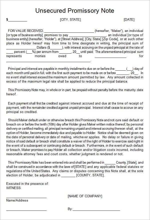 promissory note template doc 12