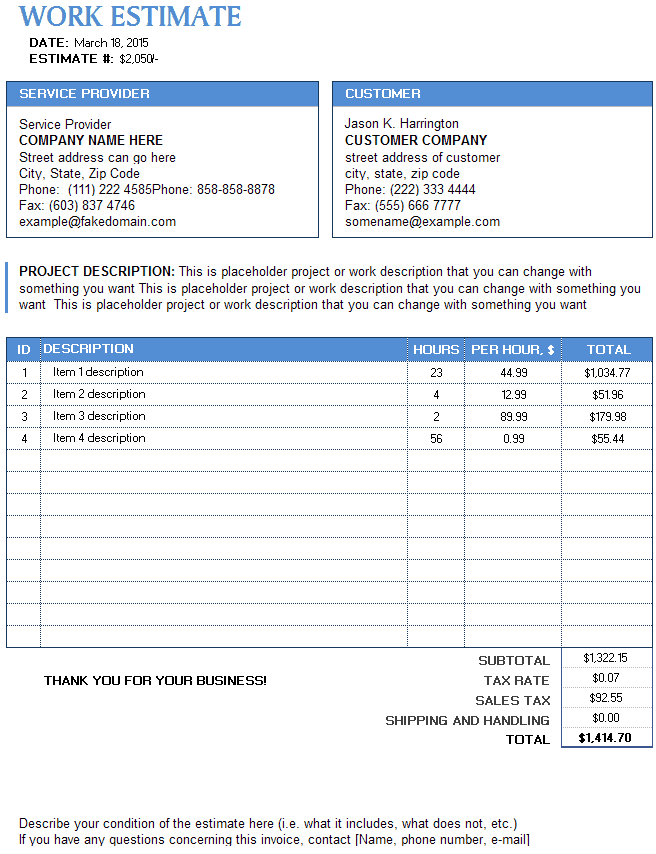 9+ Work Estimate Templates - Word Excel PDF Formats