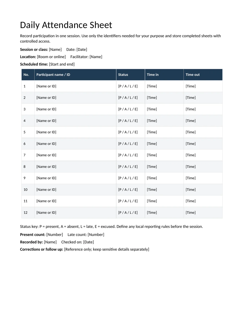 Daily attendance sheet editable template preview