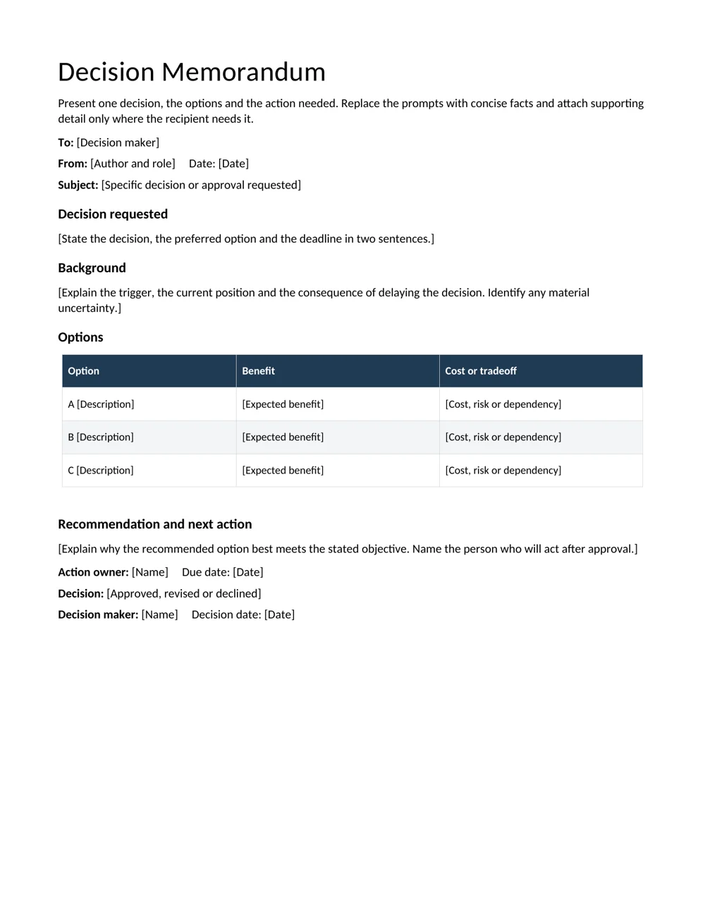 Decision memorandum editable template preview