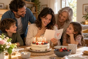 Family sharing a birthday card beside a cake