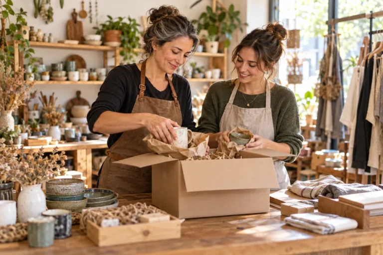 Shop owner and assistant checking and packing a customer order