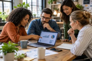 Marketing team reviewing campaign charts on a laptop