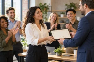 Team member receiving a certificate of appreciation