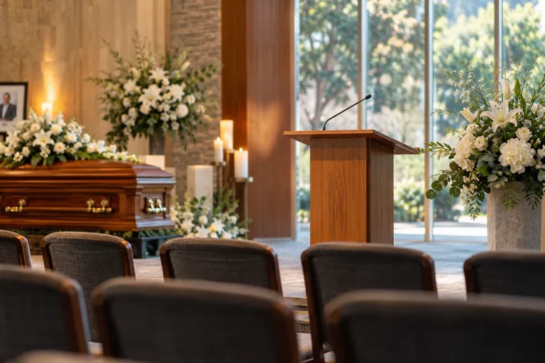 Quiet memorial venue with flowers and an empty lectern