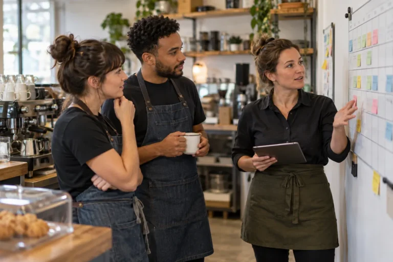 Cafe team reviewing staff shift coverage