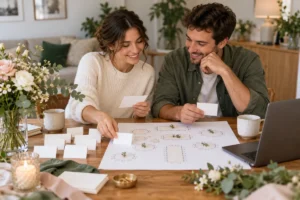Couple planning wedding guest seating together