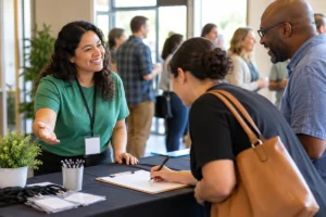 Coordinator welcoming people at a volunteer sign-up desk