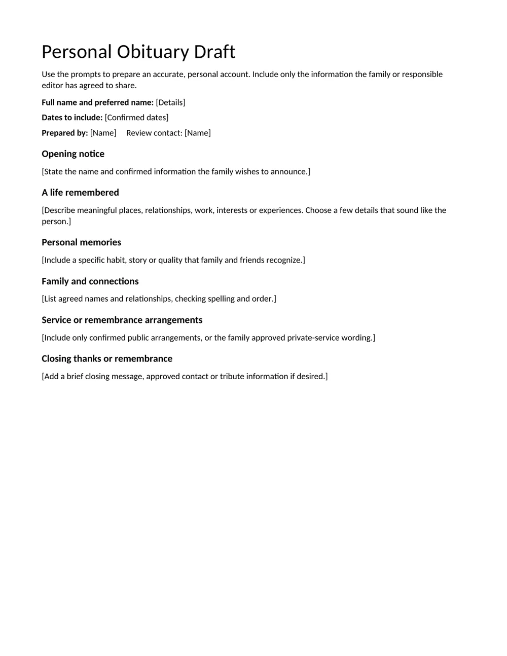 Personal Obituary Draft editable Word template preview