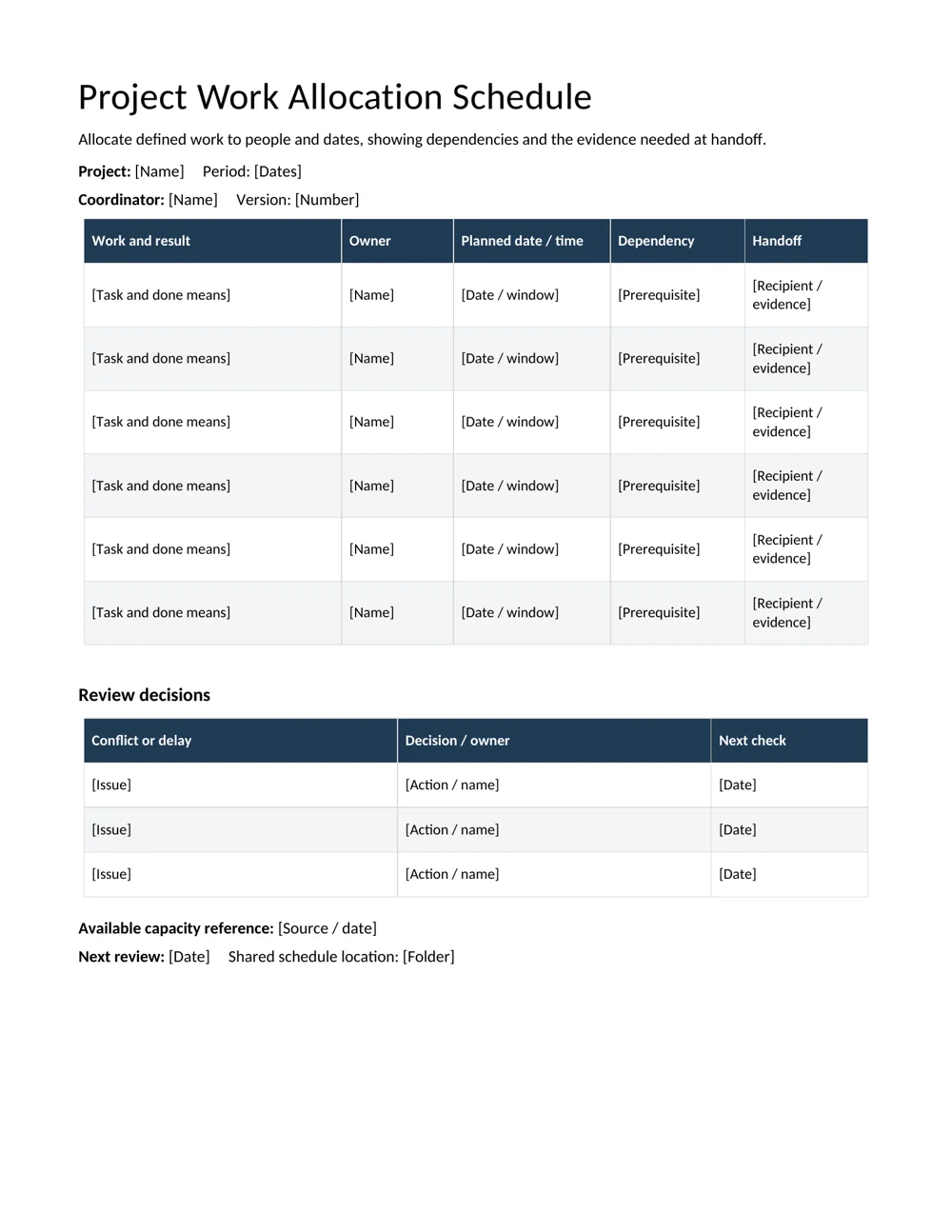 Project Work Allocation Schedule editable Word template preview