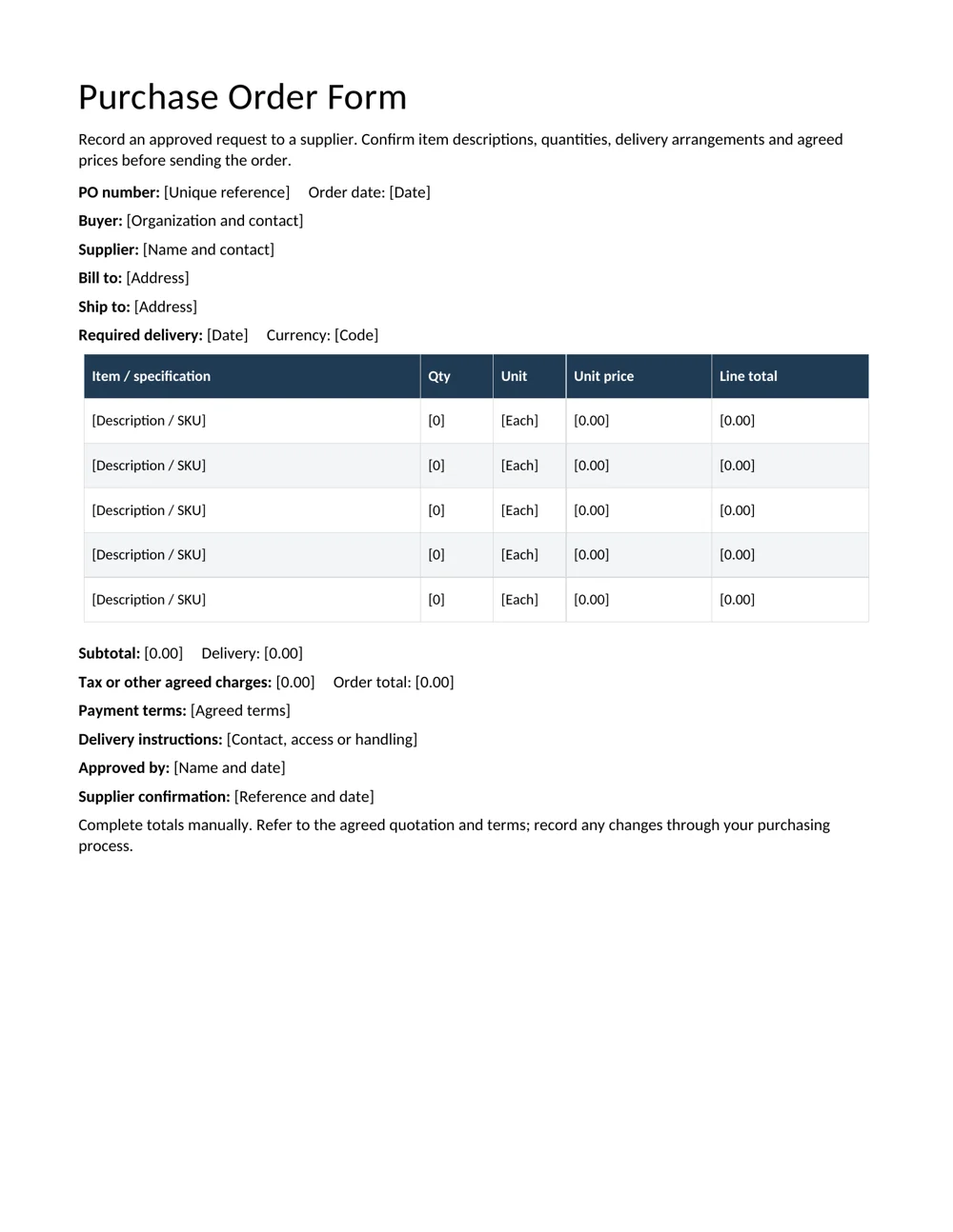 Purchase order form editable template preview