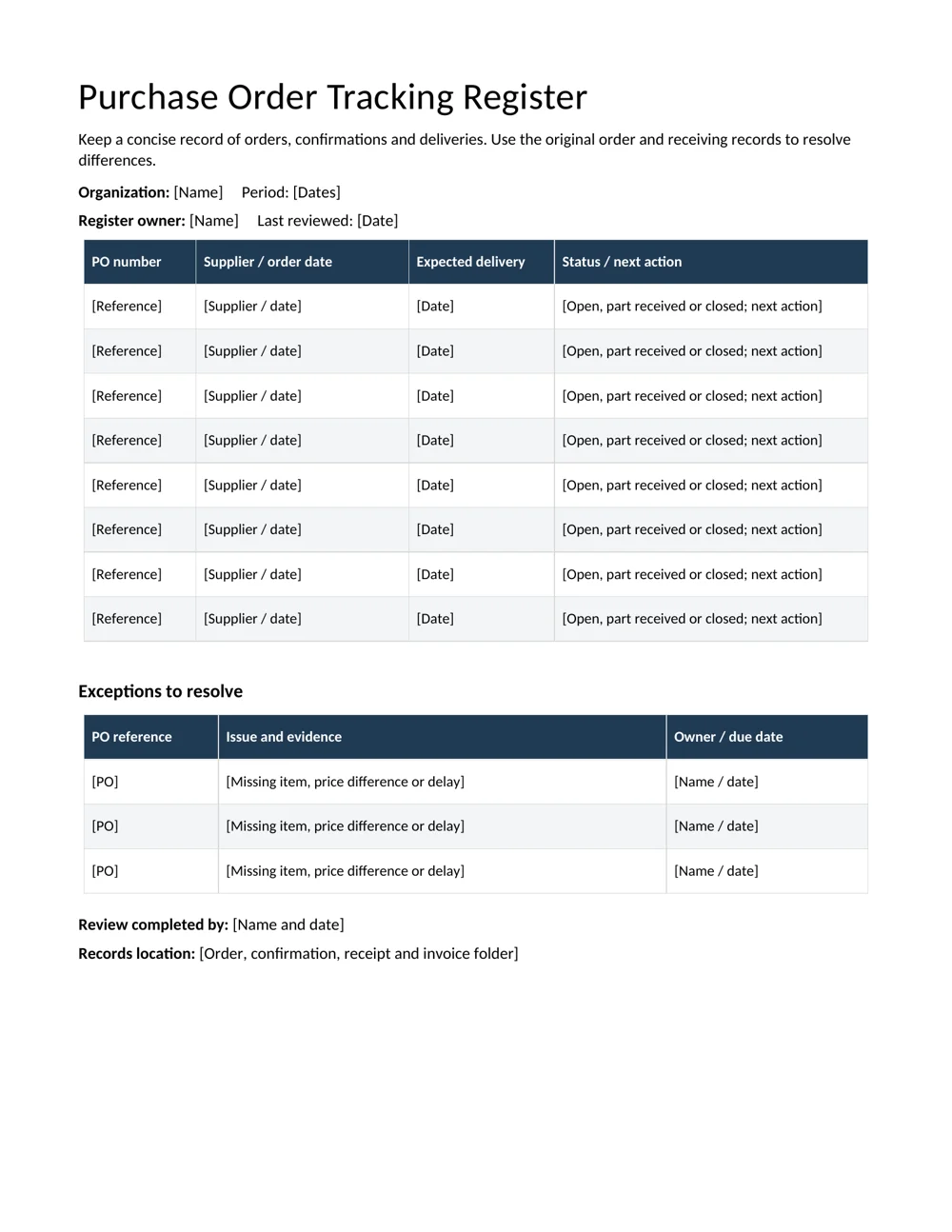 Purchase order tracking register editable template preview