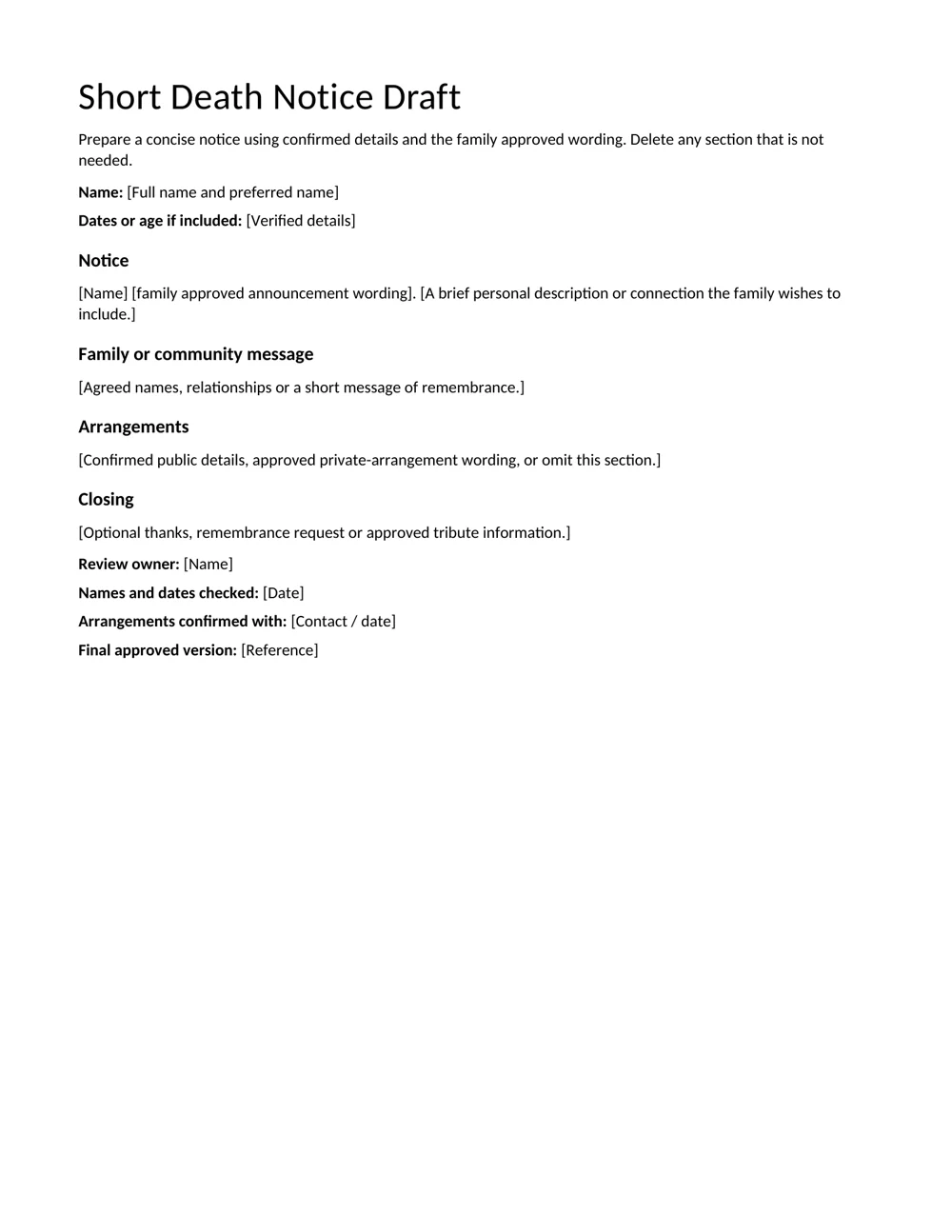 Short Death Notice Draft editable Word template preview