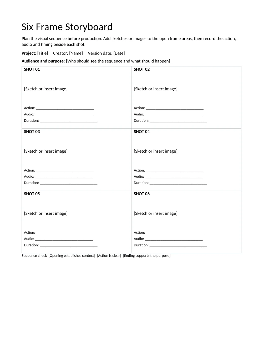 Six-frame storyboard editable template preview