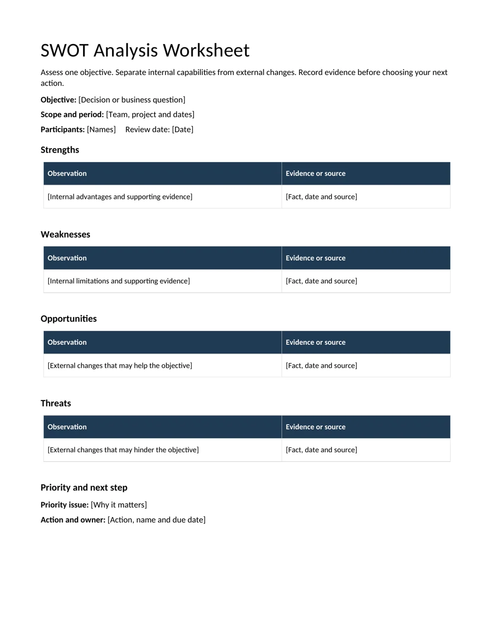 SWOT analysis worksheet editable template preview