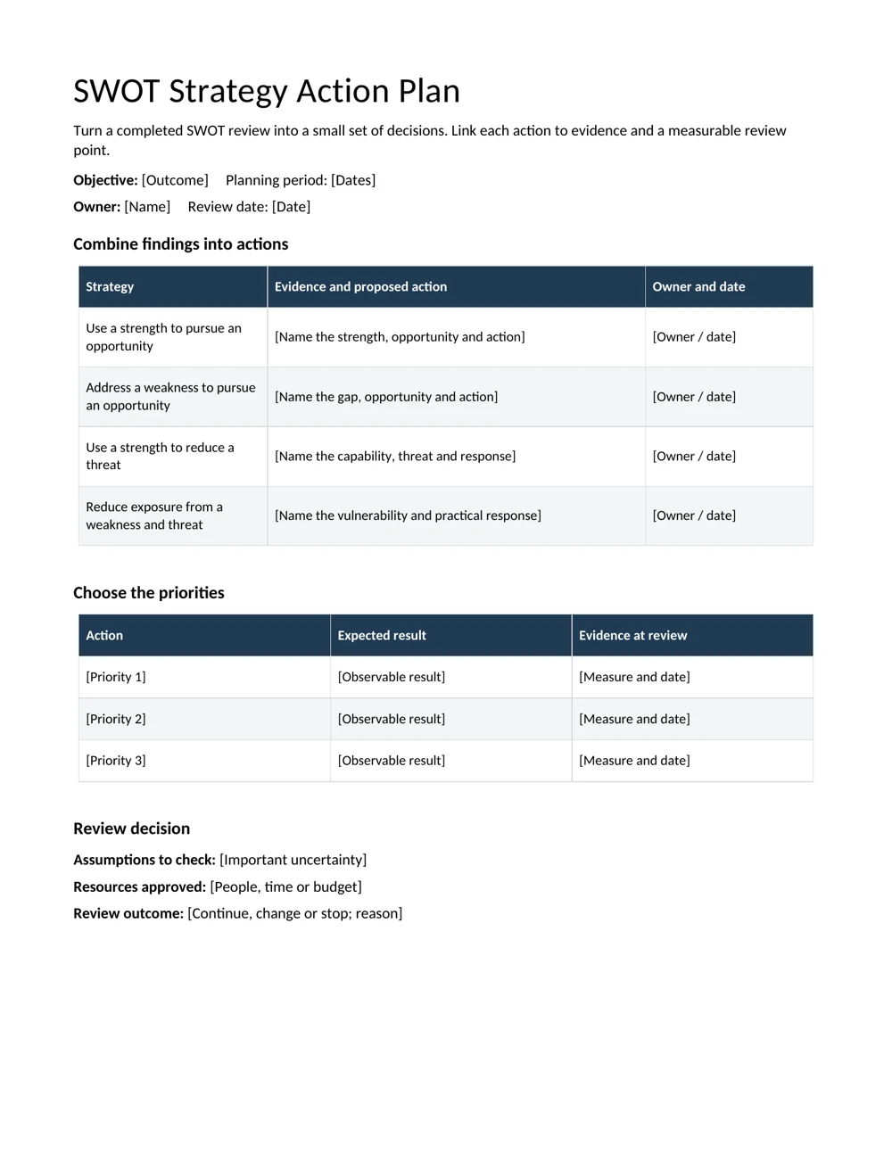 SWOT strategy action plan editable template preview