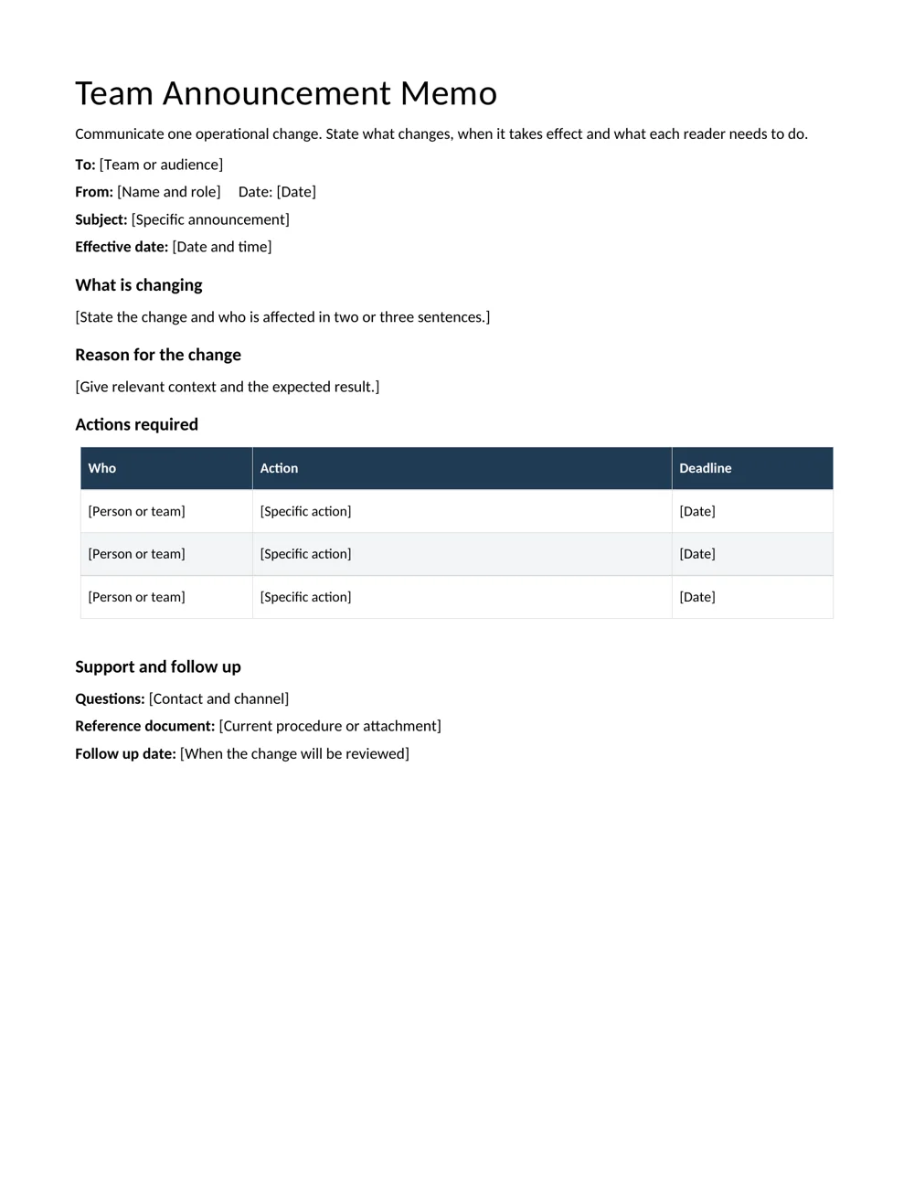 Team announcement memo editable template preview