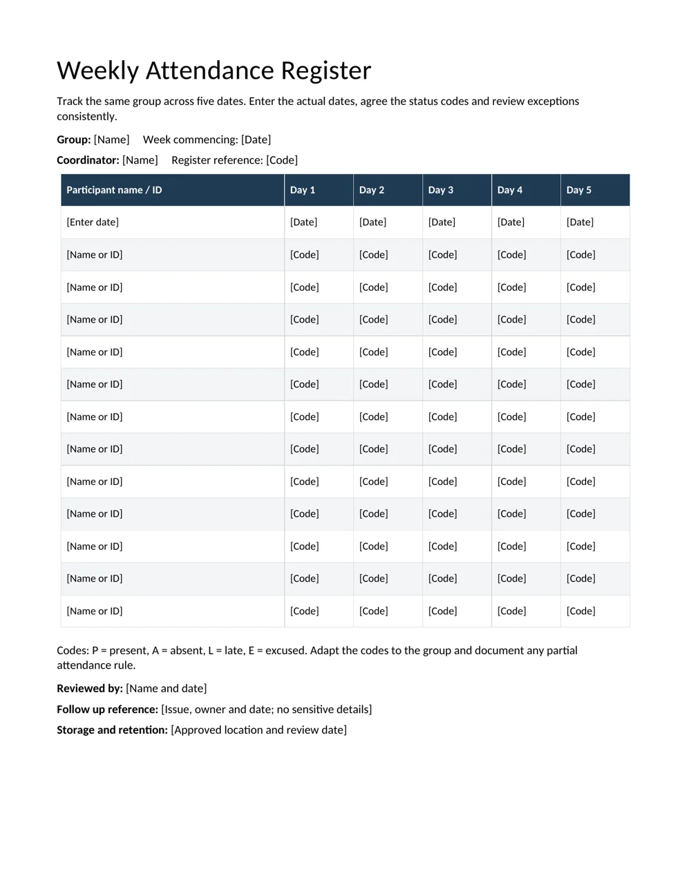 Weekly attendance register editable template preview