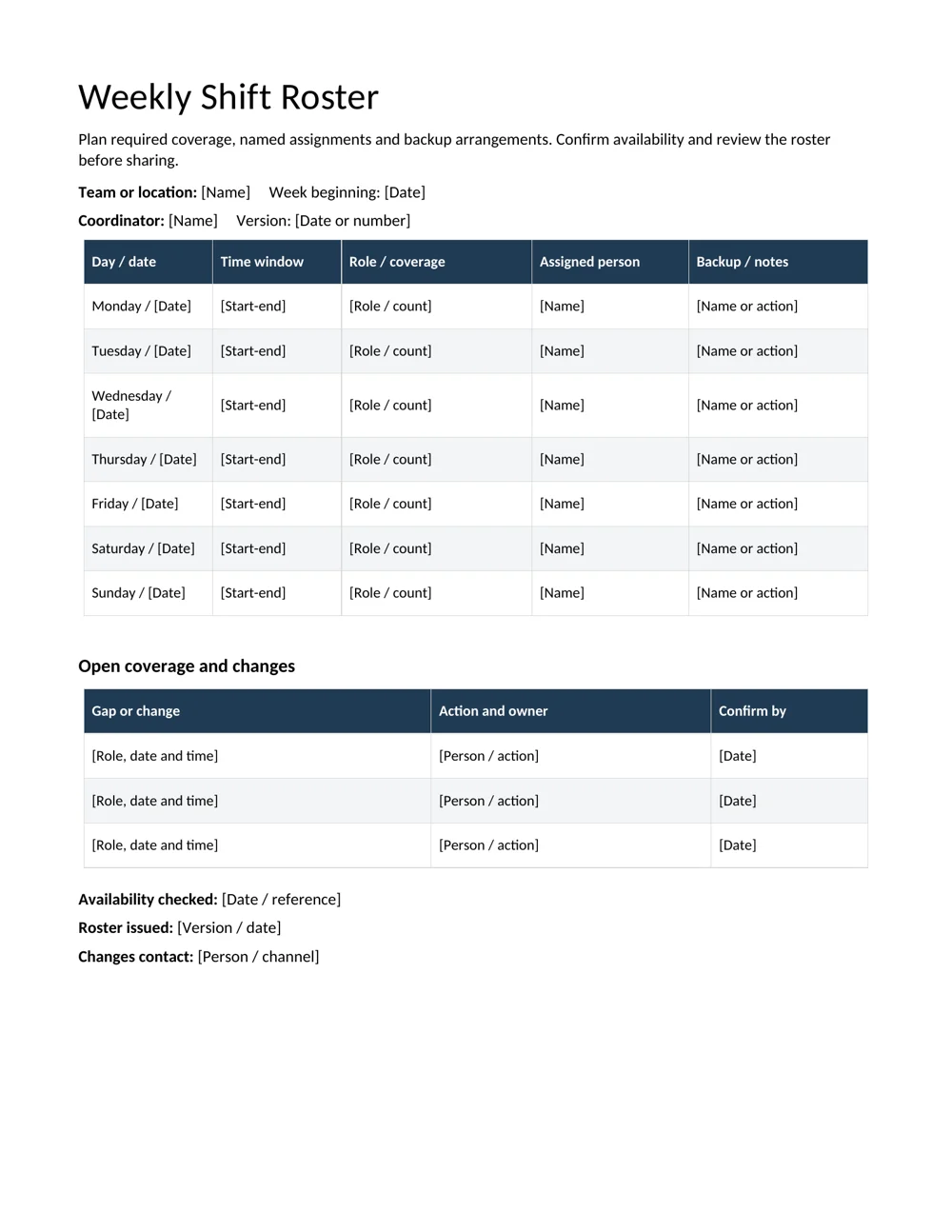 Weekly Shift Roster editable Word template preview